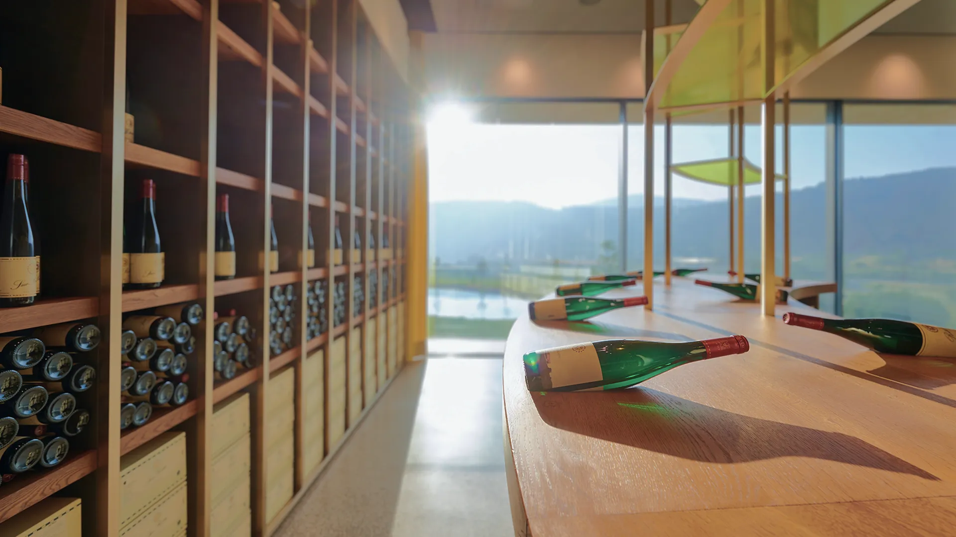 Interior view of the Van Volxem wine shop with sunlight streaming in